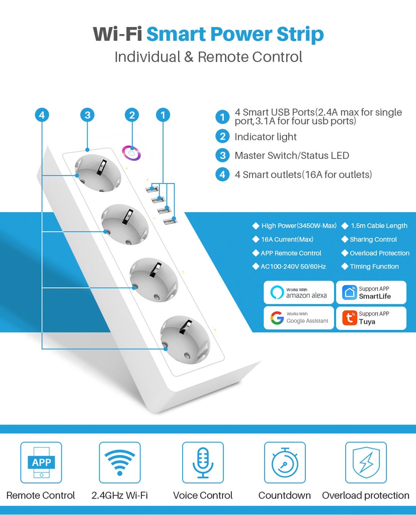 TUYA Smart Power Strip, 4 sockets + 4 USB, with switch, cord 1.8m