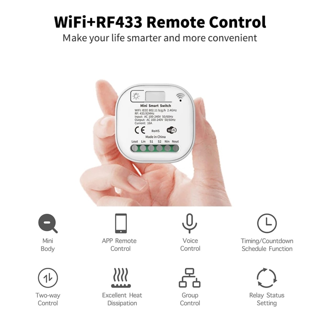 Tuya 1 Way WiFi & RF433 Mini smart Switch with receiver Module 16A , no battery required for push button.