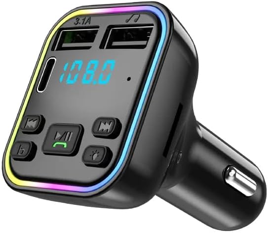 [STR-1008] G38 Car Bluetooth 5.0 FM Transmitter Type-C Dual USB 3.1A Fast Charger Colorful Ambient Light Handsfree MP3 Modulator Player 