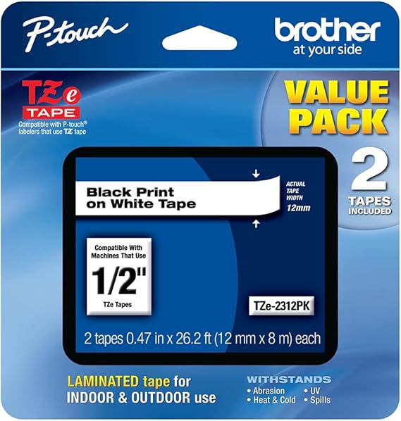Brother Genuine P-touch, TZe-231 2 Pack Tape (TZE2312PK) ½"(0.47") x 26.2 ft. (8m) Laminated P-Touch Tape, Black on White