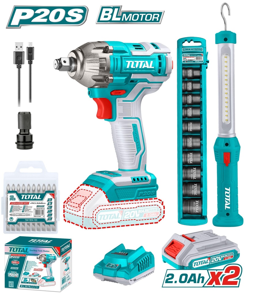 Total tools Cordless 2 pcs combo kit ( impact wrench + Work lamp) + 2pcs battery 20V + charger + impact socket set TOSLI231004 