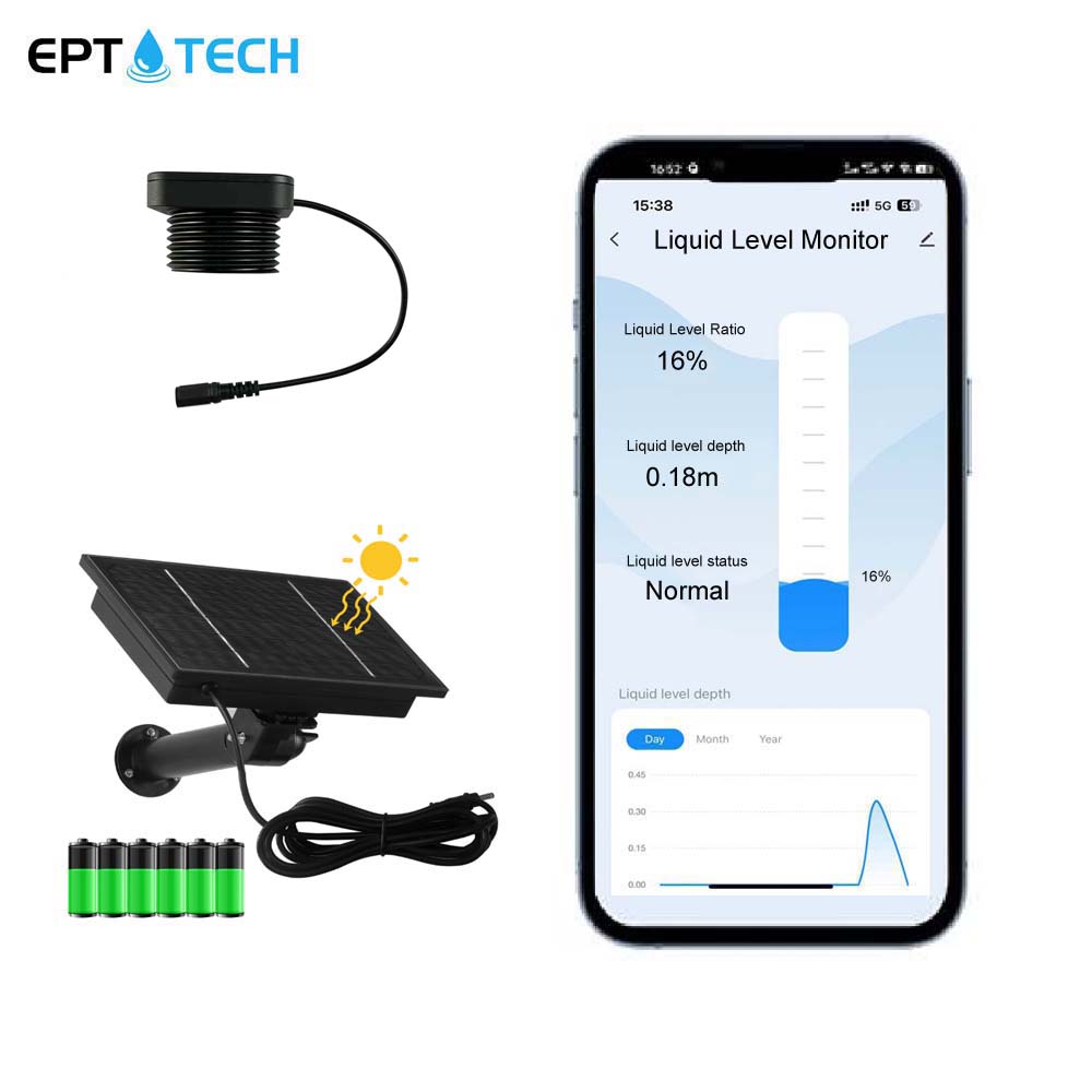Tuya Wifi Water Level Monitor Ultrasonic with Solar Panel Charging battery TLC 2326-WF-S