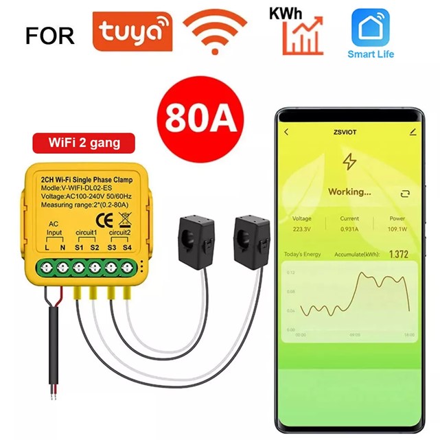 Tuya Wifi smart Bidirectional Energy Meter 80A With 2 Clamp Cts