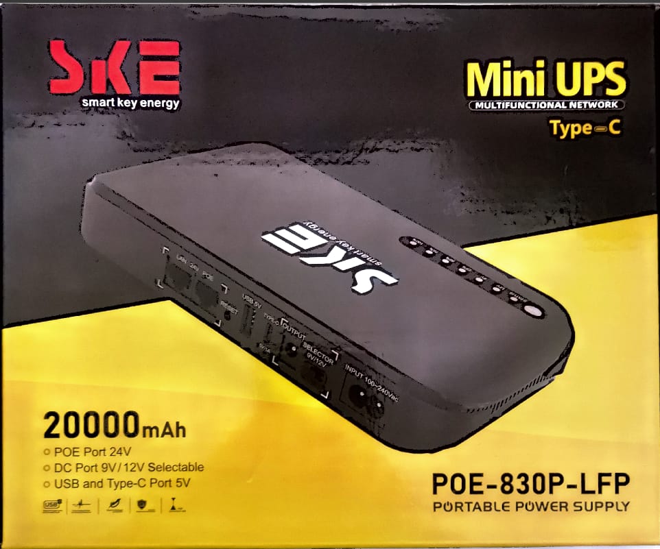 SKE Mini DC UPS router 20000 mAh, lan POE 24V, usb 5v, 9v, 12v OUTPUT POE-830P-LFP