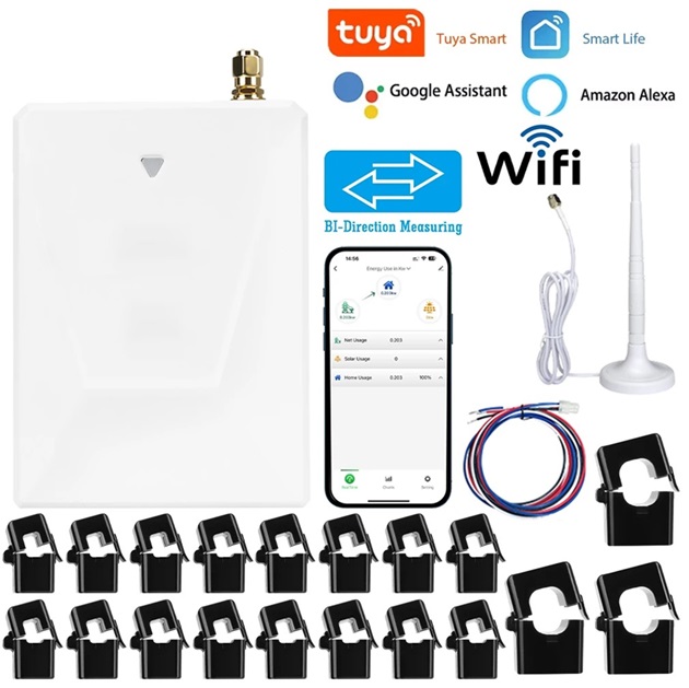 Tuya WiFi multi-circuit 19 Channels Bi-Directional Power Energy kWh Meter Monitor AC90-480V 300A with 19PCS CT Clamps 