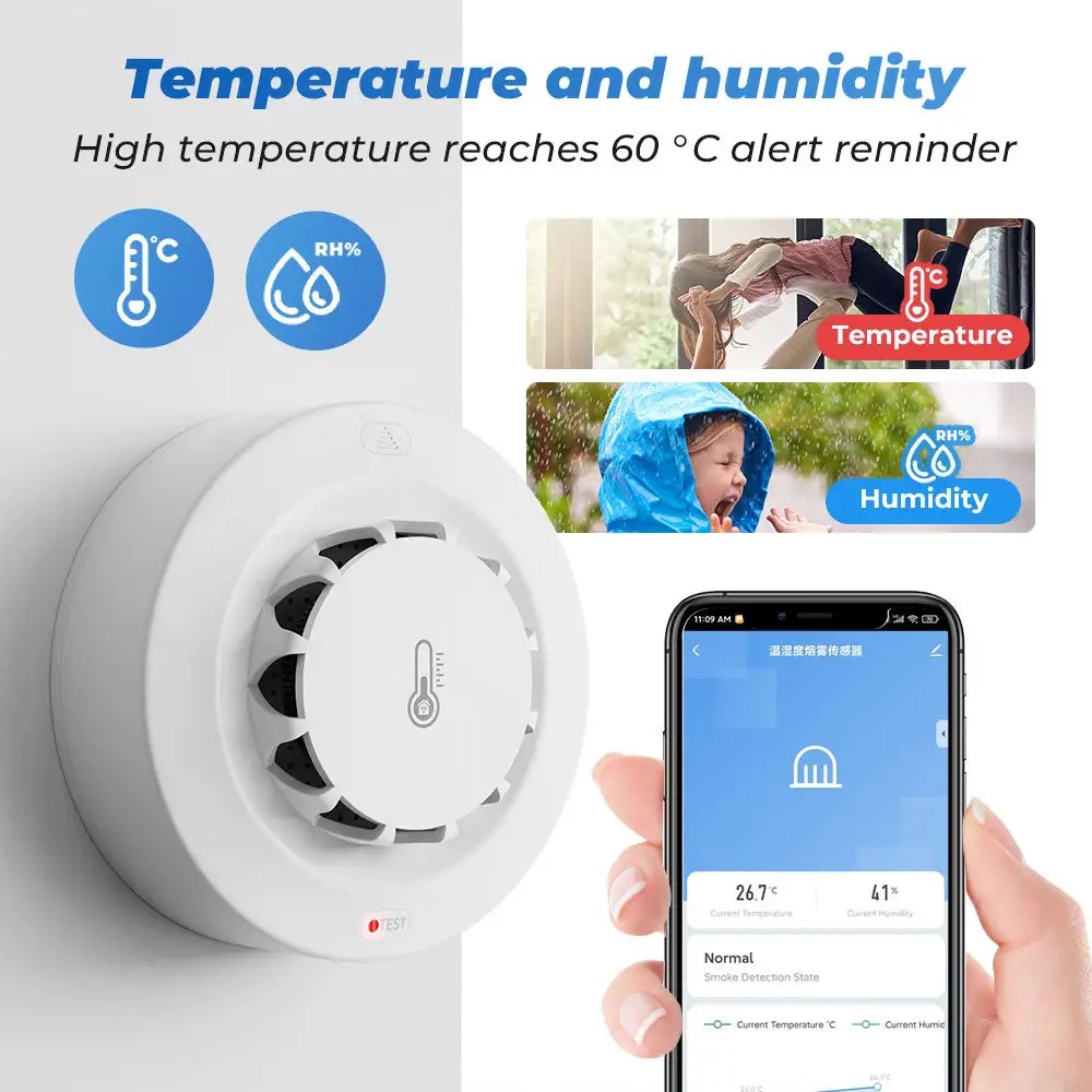 TUYA wifi smart 3 in 1 Smoke, Temperature and Humidity Sensor with Alarm 