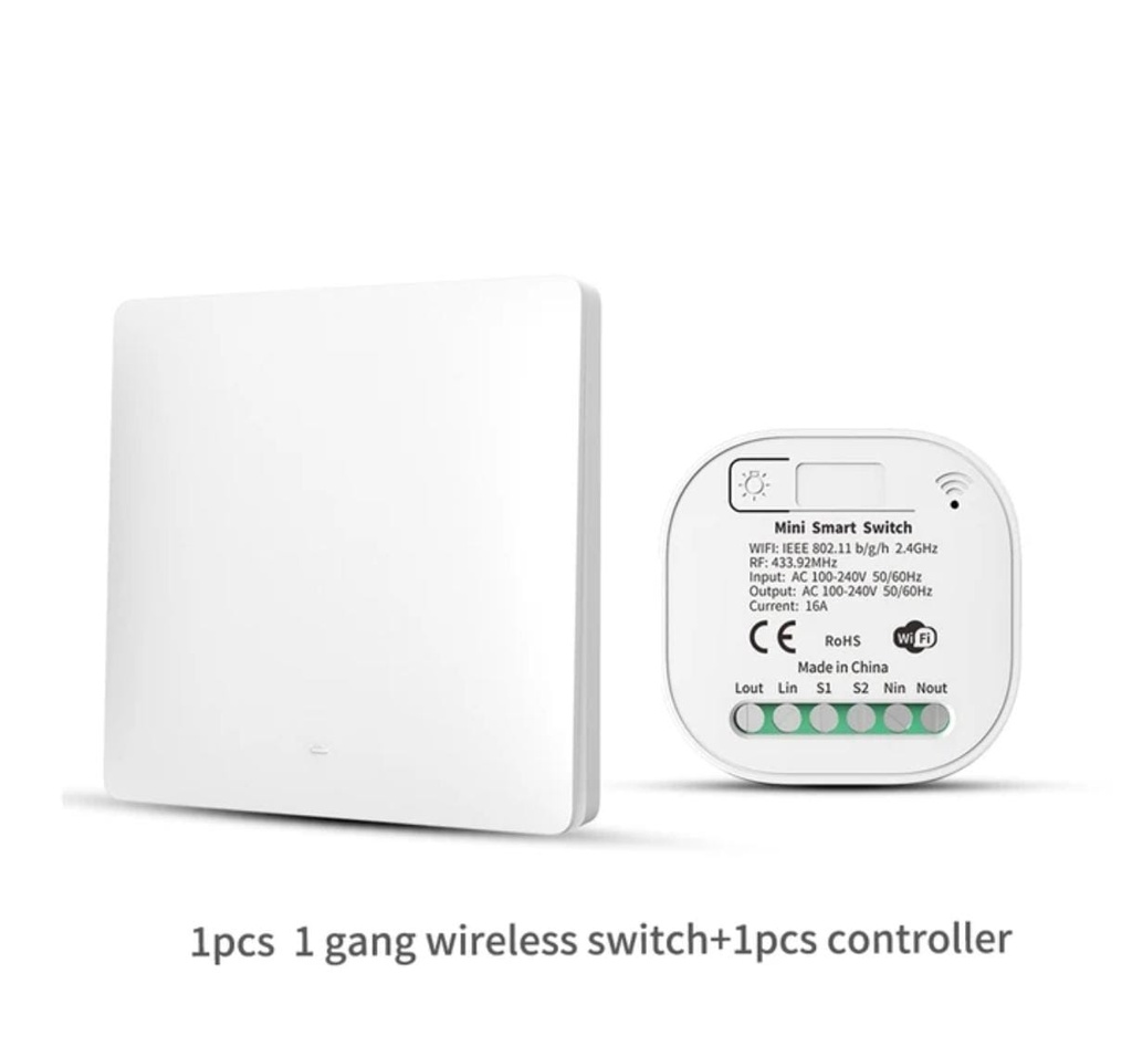 Tuya WiFi & RF433 1 Way mini smart Switch with receiver Module 16A, Kinetic energy no battery required for push button