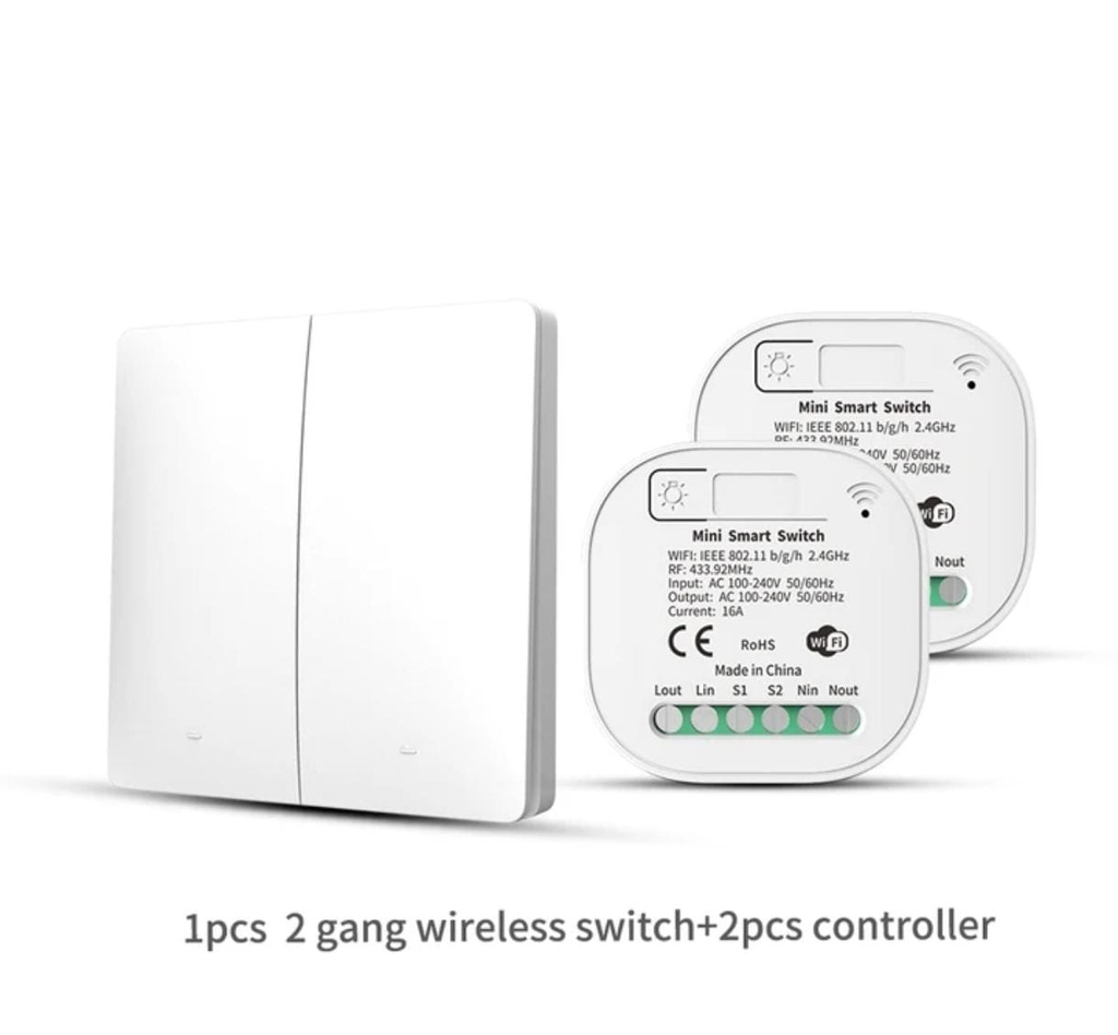 [SHT-1184] Tuya WiFi & RF433 2 Way mini smart Switch with receiver Module 16A, Kinetic energy no battery required for push button