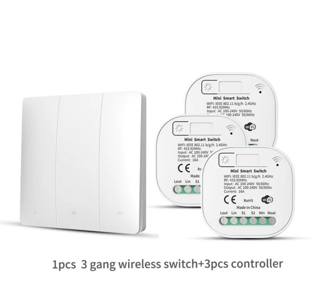 [SHT-1185] Tuya WiFi & RF433 3 ways mini smart Switch with receiver Module 16A, Kinetic energy no battery required for push button