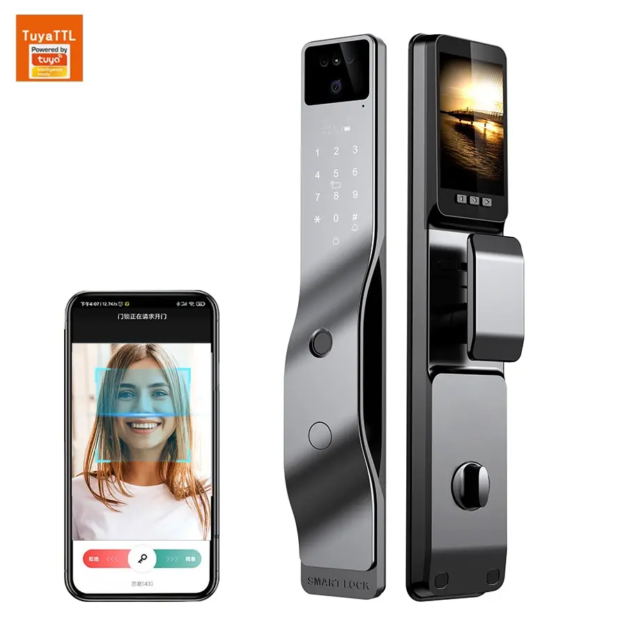 [SHT-1253] Tuya wifi door lock with 3D face , fingerprint, key, intercom app and card unlock PST-F7 