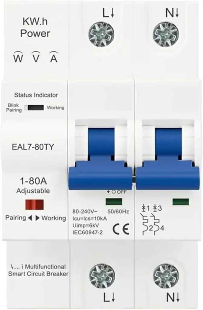 Tuya wifi MCB smart circuit breaker 2P EAL7-80TY with metering