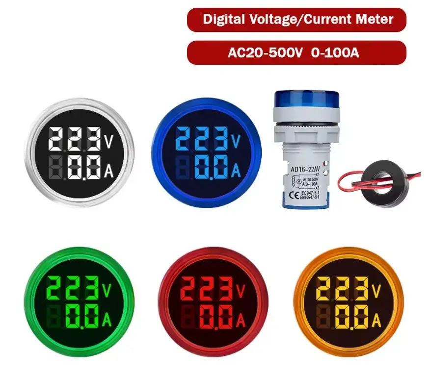 Round 22mm voltmeter / Ammeter indicator with clamp  (red)
