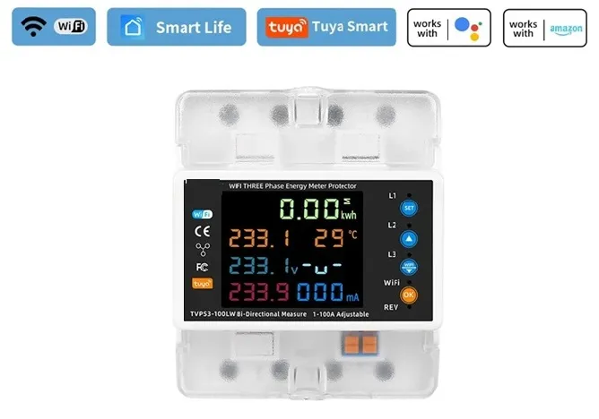 Tuya WiFi Smart Bi-Directional Energy Power Meter Current Limit 100A color screen 3P PST-RMDZW-3P