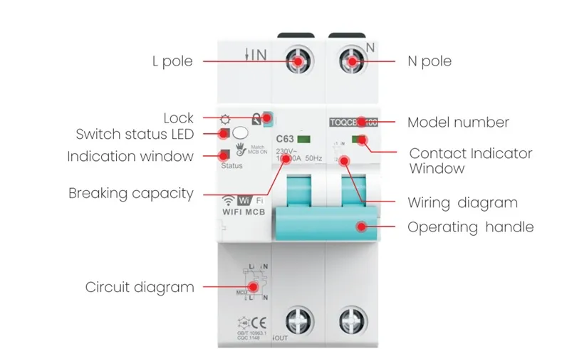 Tuya wifi circuit breaker 2P MCB 63A PST-TOQCB2-2P