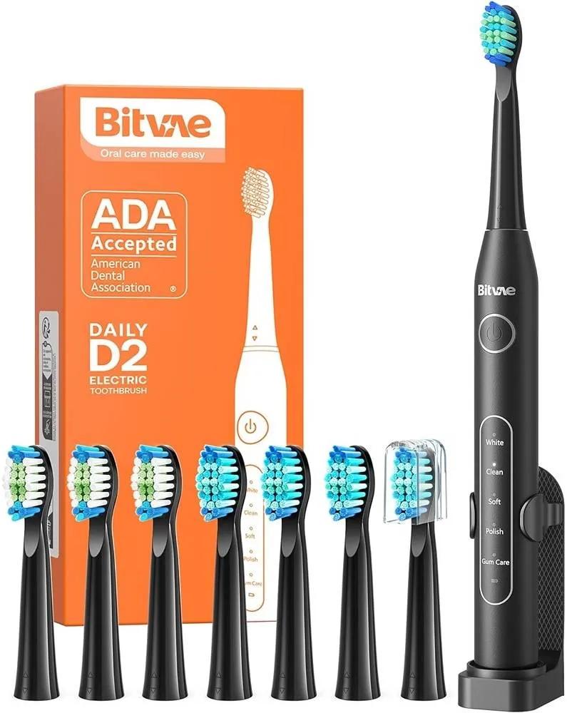 [BEA-1009] Bitvae D2 Ultrasonic Electric Toothbrush, 5 Brushing Modes, 2 Minutes Timer, 30 Seconds Pauses, 8 Replacement Heads, IPX7 Waterproof, ADA Approved, Black / pink