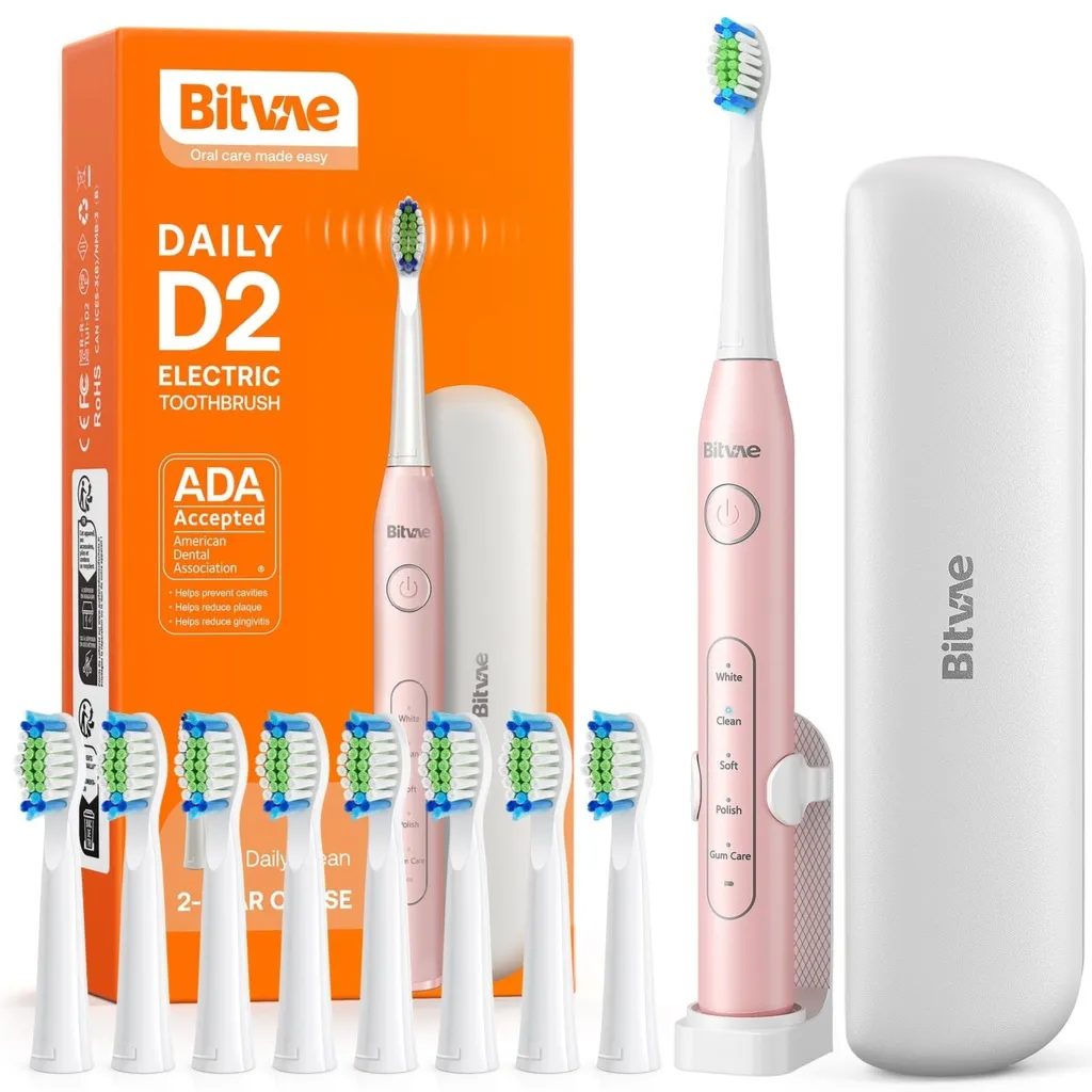 [BEA-1009] Bitvae D2 Ultrasonic Electric Toothbrush, 5 Brushing Modes, 2 Minutes Timer, 30 Seconds Pauses, 8 Replacement Heads, IPX7 Waterproof, ADA Approved, Black / pink