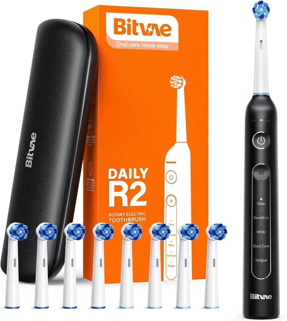 [BEA-1010] Bitvae R2 Rotating Electric Toothbrush, 5 Modes (Clean, Sensitive, White, Tongue & Gum Care), 8 Replacement Heads, Cleans 4X More Plaque, 30-Days Battery Life, black