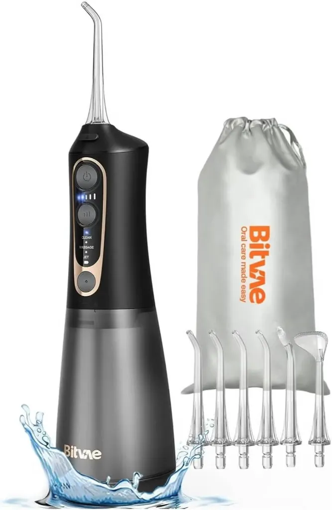 [BEA-1008] Bitvae C6 Water Flossers for Teeth Cordless Water Dental Flosser Teeth Picks for Travel with 6 Jet Tips, 3 Modes 5 intensities, IPX7 Waterproof Portable Oral Irrigator Cleaner, Black Gold | BV-C6
