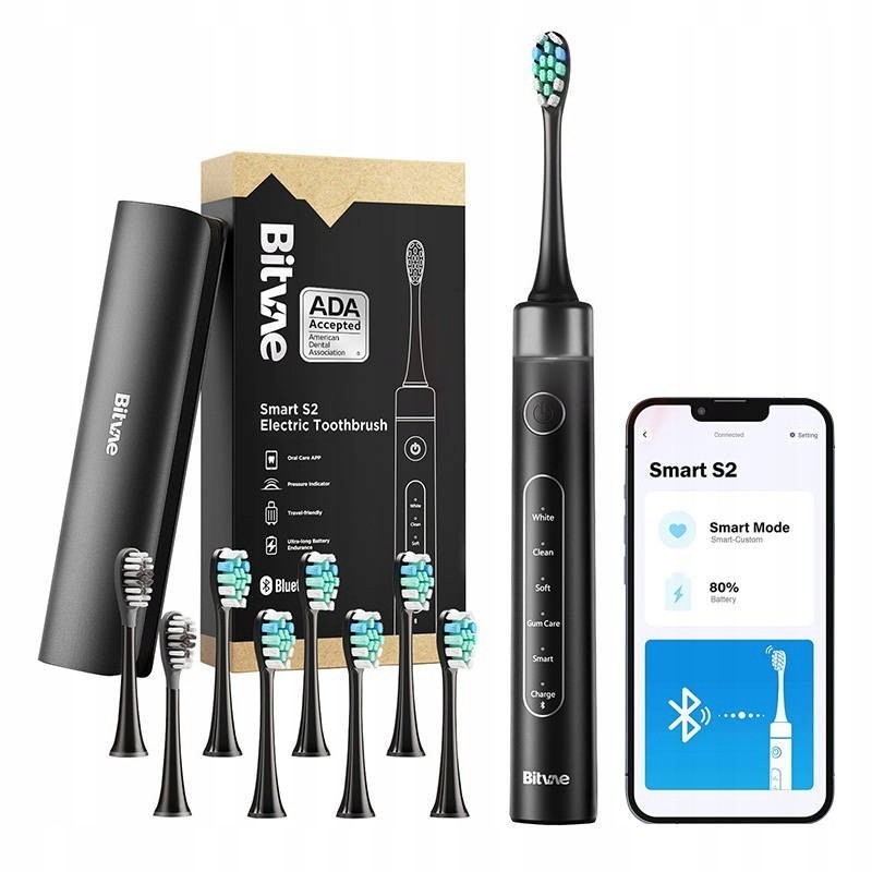 [BEA-1012] Bitvae s2 Ultrasonic Electric Toothbrush with 8 Brush Heads & Travel Case – 40,000 VPM Electric Motor & Wireless Charging - 4 Modes w Smart Timer