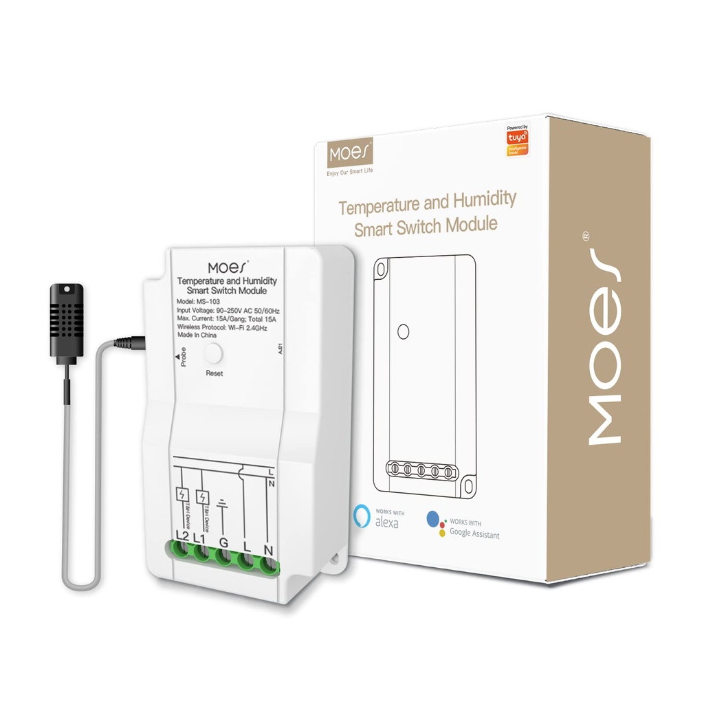 MOES Tuya wifi Smart Switch Temperature and Humidity Sensor with Double Relay Output MS-103 15A