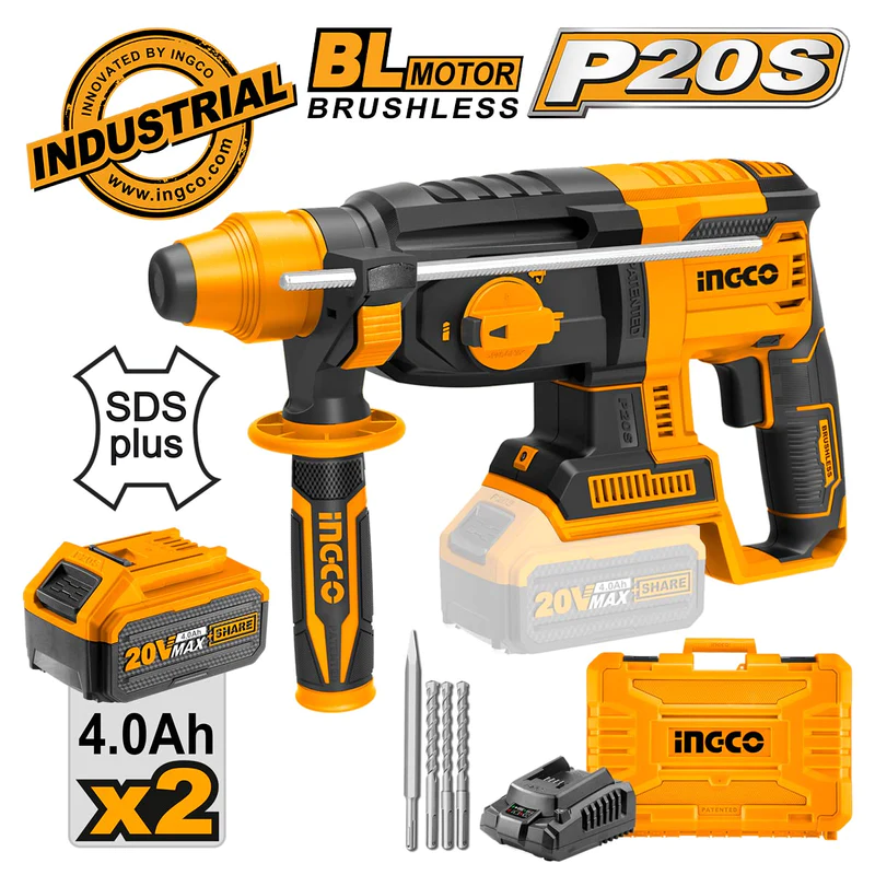 20V 2Batt 4A+Char+Box 26mm BL برم وتكسير بطارية SDS مقدح