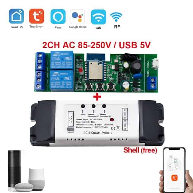 Tuya WIFI+RF Switch 2 Channel  with inching, self locking, interlock + Case support RF433 remote control