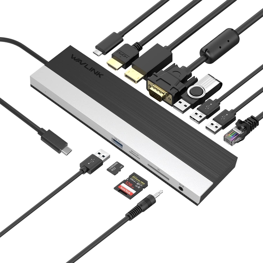 WAVLINK UMD03 USB-C 4K Triple Display USB C Docking Station DP+HDMI+VGA, 85W PD Charging