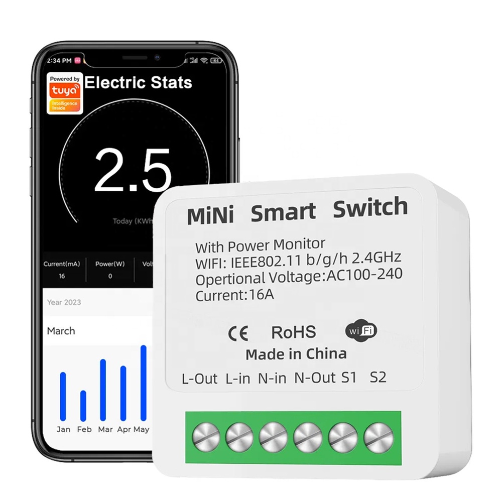 Tuya wifi mini smart switch 16A with power monitor AC 100-220V