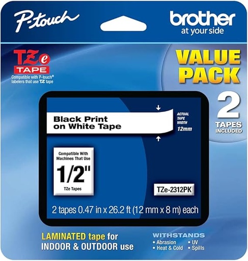 Brother Genuine P-touch, TZe-231 2 Pack Tape (TZE2312PK) ½"(0.47") x 26.2 ft. (8m) Laminated P-Touch Tape, Black on White
