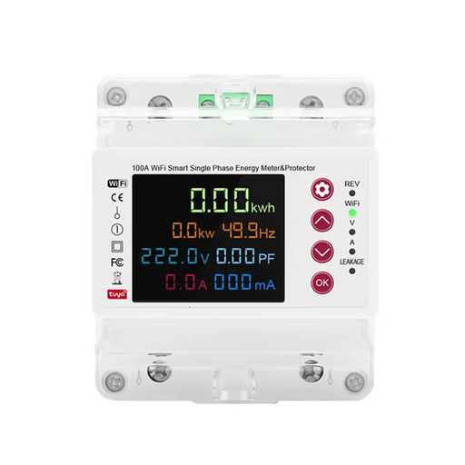 Tuya WiFi Smart Bi-Directional Energy Power Meter with Leakage Over Under Voltage Protector Relay Switch Current Limit 100A color screen