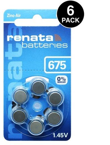Renata hearing aid lithium batteries 675 PR44 pack of 6
