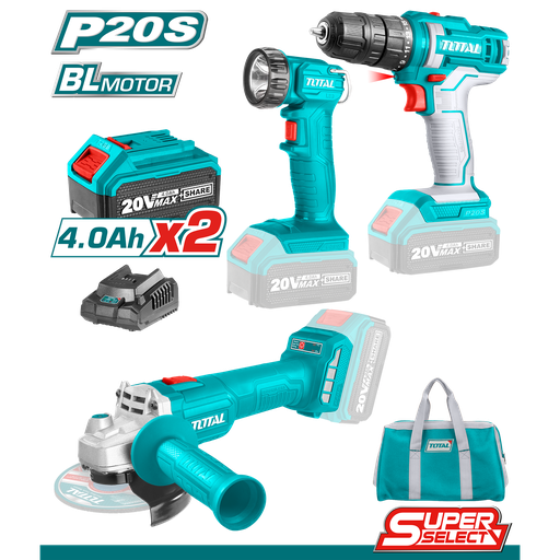 TOTAL Cordless drill + Brushless angle grinder+ Work lamp + Cordless drill TCKLI20418