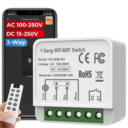 [SHT-1083] Tuya wifi mini Smart switch + RF433 16A AC 100-240V DC15-250V 1 gang