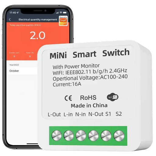 Tuya wifi mini smart switch 16A with power monitor AC 100-220V